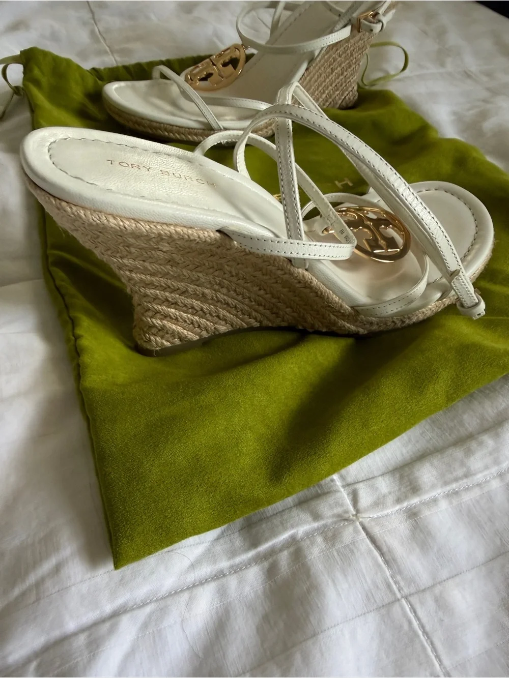 Tory Burch White Leather Strappy Sandals with Gold Logo Accent